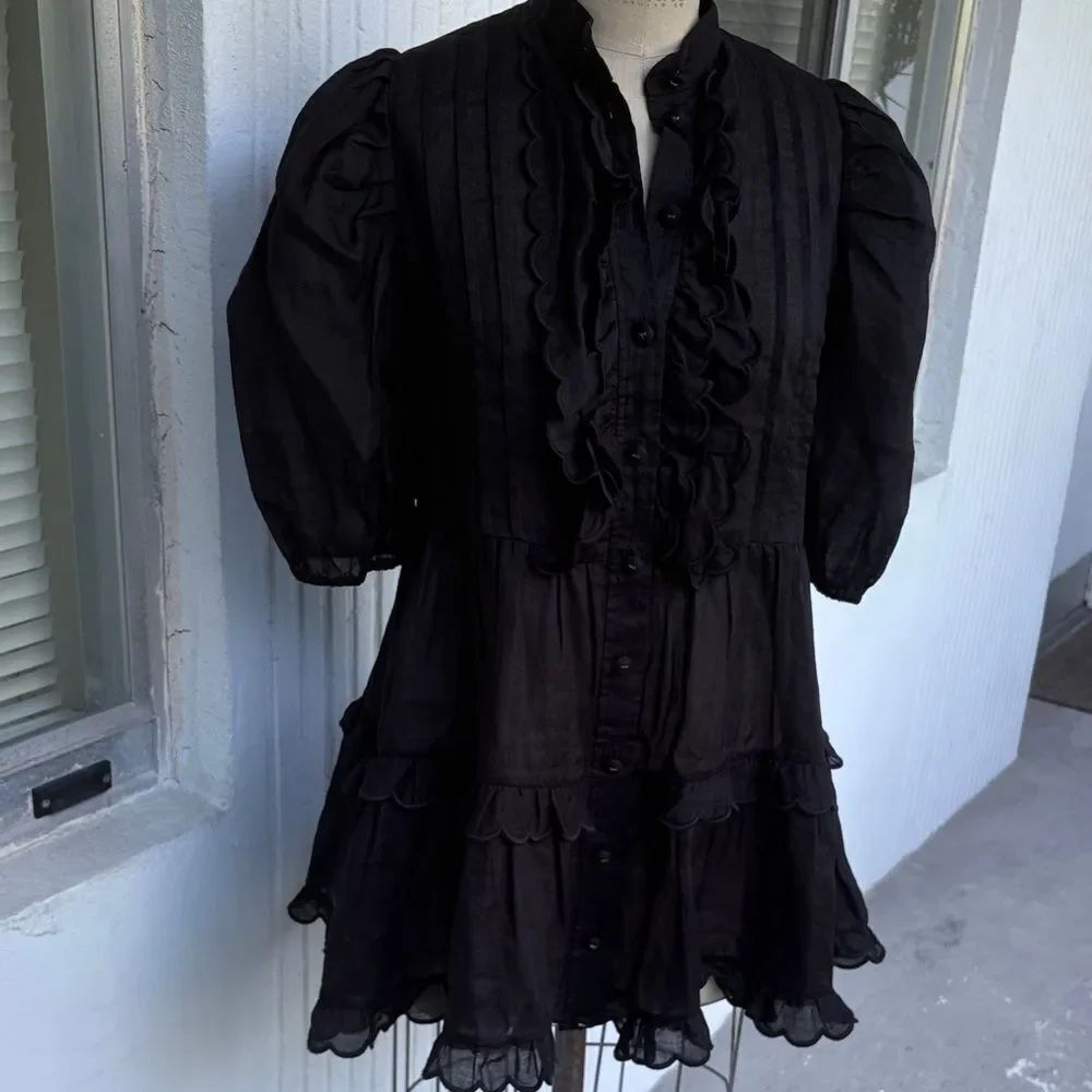 Zimmerman black linen dress with ruffled neck line
